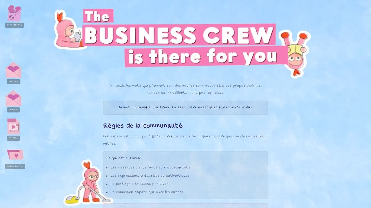 Interface bureau rétro de thebusinesscrew avec icônes et fenêtres déplaçables.